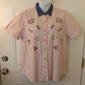 Faded Glory pink and white stripe top with embroidery and denim collar